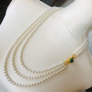 Handcrafted triple strand cream Czech glass pearl genuine emerald clasp necklace